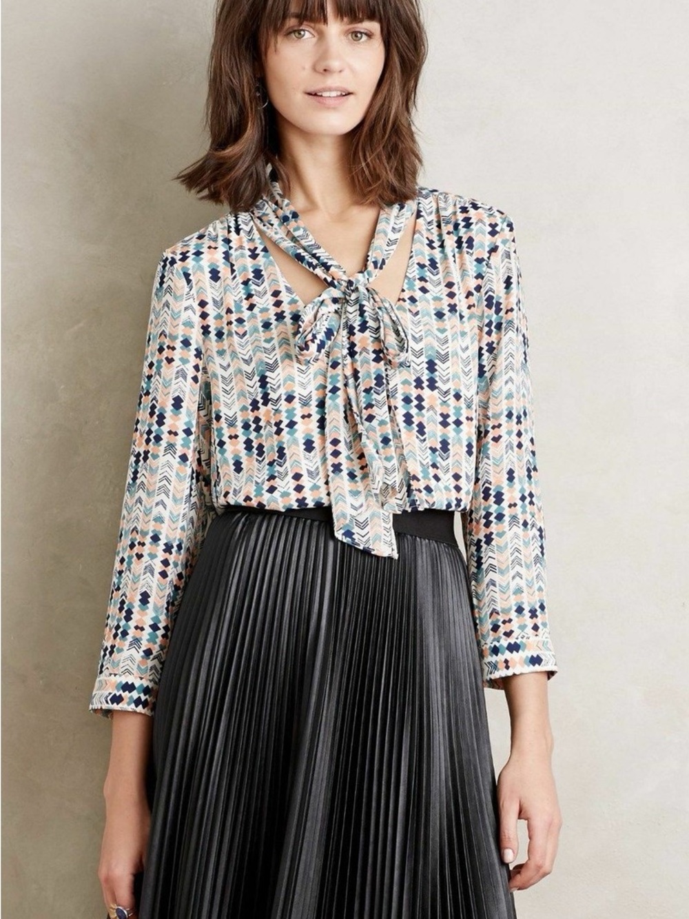 Anthropologie "Astral Tie-Neck Blouse" by HD in Paris, Geometric, size 4P